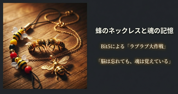 Bit5が仕掛けた「ラブラブ大作戦」の象徴である蜂のネックレスとストラップの画像に、記憶を超えて魂に刻まれた絆を表現したキャプション。
