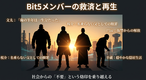 文太、桜介、円寂、半蔵の4人が、それぞれのトラウマや罪を乗り越え、自分というミッションを完遂した姿をまとめたスライド。