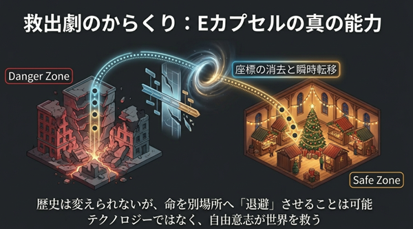 2070年の京が使用した、座標の消去と瞬時転移によって命を別場所へ退避させる仕組みと、自由意志が世界を救うというテーマの解説。