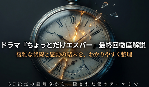 ドラマ『ちょっとだけエスパー』最終回の複雑な伏線と感動の結末を分かりやすく整理し、SF設定の謎から愛のテーマまでを解説するスライドの表紙。