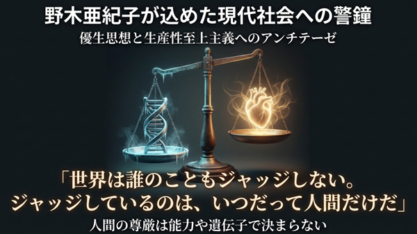 「世界は誰のこともジャッジしない」というセリフと共に、人間の尊厳は能力や遺伝子で決まらないという作品の哲学的メッセージを記した図。