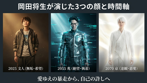 2025年の文人（希望）、2055年の兆（執着）、2070年の京（慈愛）という、岡田将生が一人三役で演じたキャラクターの正体と精神状態を解説した図。