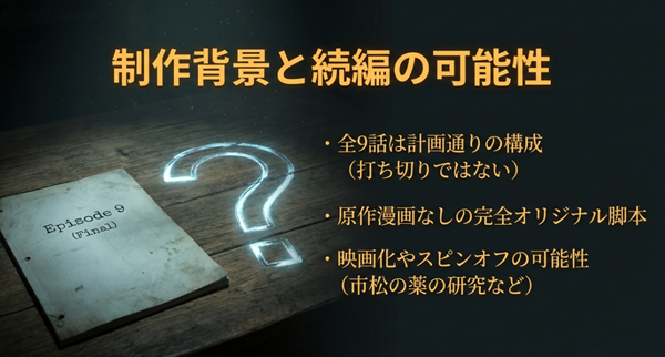 全9話が計画通りであることや、原作漫画なしのオリジナル作品であること、そして映画化やスピンオフへの期待についてまとめた情報。