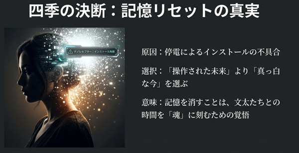 停電によるナノレセプターのインストール失敗という原因と、操作された未来ではなく真っ白な今を選んだ四季の覚悟を表現したイメージ図。