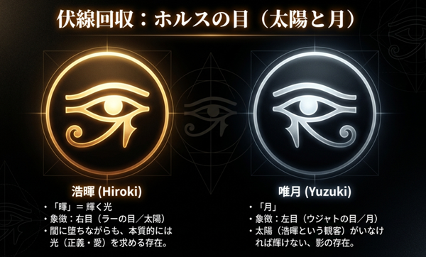 浩暉（太陽・右目）と唯月（月・左目）の名前に隠された意味と、エジプト神話「ホルスの目」が象徴する光と影の役割分担を示した相関図 。
