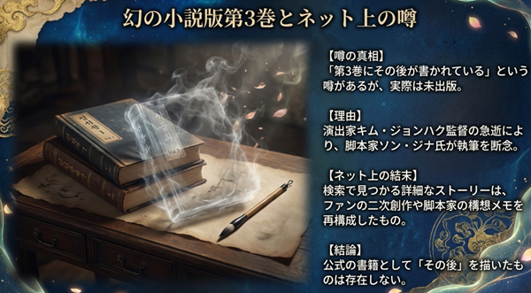 『シンイ』小説版第3巻が未出版である理由（キム・ジョンハク監督の急逝）と、ネット上で出回る結末がファンの二次創作であることを解説したスライド。
