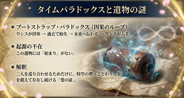 ウンスが持っていたフィルムケースが過去に存在した理由を説明する、ブートストラップ・パラドックス（因果のループ）の構造図。