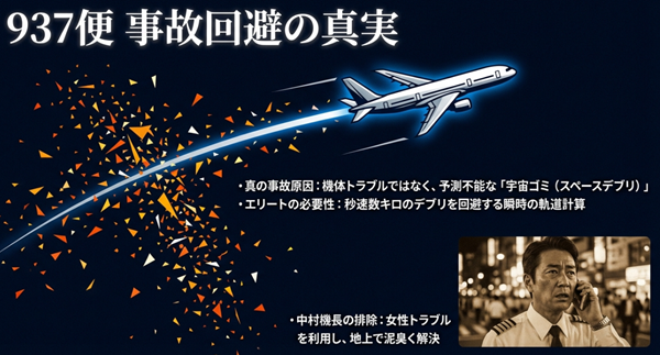 航空機事故の真の原因が宇宙デブリであったこと、そしてそれを回避するために中村機長を女性トラブルで排除した作戦の全貌解説。