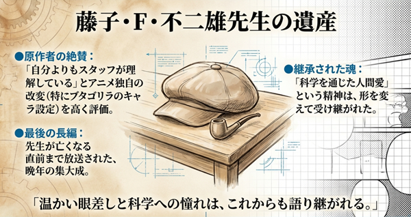 「自分よりもスタッフが理解している」という原作者の評価と、科学を通じた人間愛という継承された魂についてのまとめスライド。