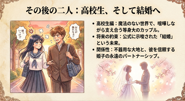 高校生になった野々原姫子と小林大地のイラスト。魔法のない世界で喧嘩しながらも支え合うカップルの様子と、将来の結婚を示唆する解説スライド。