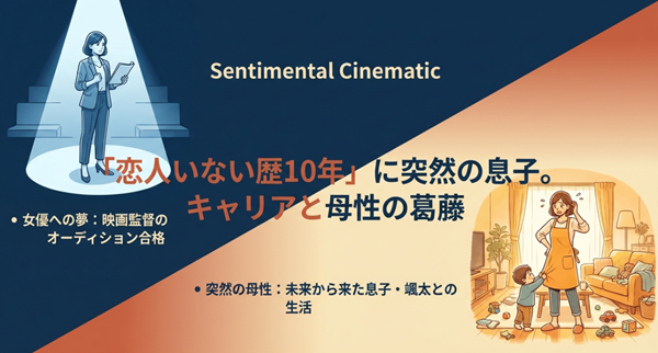 映画監督のオーディション合格という女優の夢と、未来から来た息子・颯太との生活という母性の間で葛藤する主人公を描いた解説図。