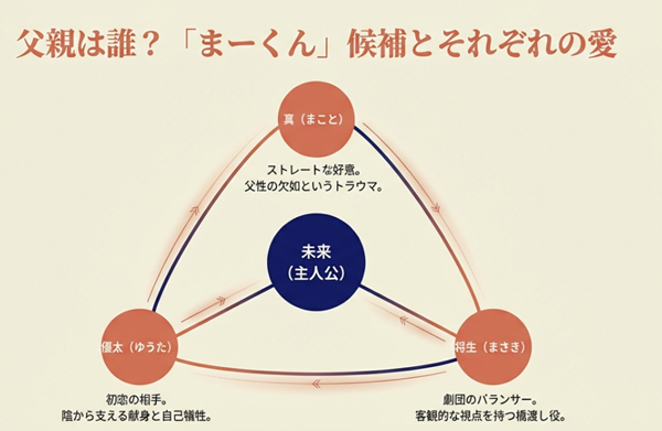 父親候補である真、優太、将生の3人が、それぞれ未来に対してどのような想いや役割を持っているかを示した関係図。