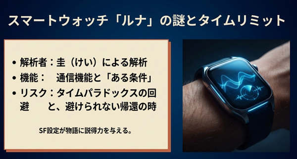 颯太の持つスマートウォッチ・ルナの通信機能と条件が、タイムパラドックスの回避と未来への帰還というSF的設定に説得力を与える解説図。