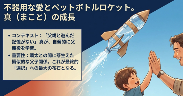 父親と遊んだ記憶がないトラウマを持つ真が、自作のペットボトルロケットを通じて颯太と疑似的な父子関係を築く感動のシーン。