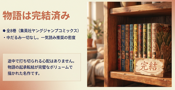 未来のムスコが全8巻で完結しており、中だるみなく起承転結が完璧に描かれた名作であることを説明するスライド。