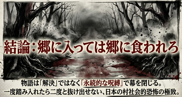 ガンニバル最終回の結論スライド。物語は解決ではなく「永続的な呪縛」で幕を閉じ、一度踏み入れたら二度と抜け出せない日本の村社会的恐怖の極致であることを示した図。
