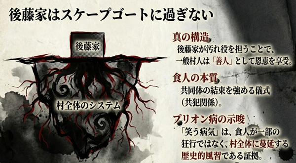 後藤家は汚れ役のスケープゴートであり、一般村人が恩恵を受けている構造図。また、共同体の結束を強める儀式としての食人と、プリオン病(笑う病気)の関連性についての解説
