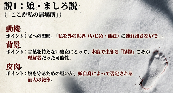 娘のましろが文字を書いたとする説の解説。動機としての「父への懇願」、背景にある「怪物との共鳴」、そして娘を守る戦いが娘によって否定される絶望についての詳細スライド。