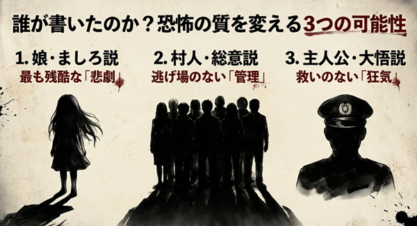 柱の文字の書き手に関する3つの説(娘のましろ、村人の総意、主人公の大悟)と、それぞれが示す「悲劇」「管理」「狂気」という恐怖の質を分類した比較図。