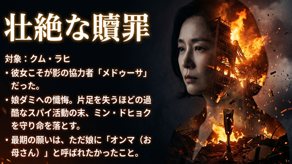 欲望の化身だったクム・ラヒが、娘ダミへの懺悔のために「メドゥーサ」となり、片足を失うスパイ活動の末にミン・ドヒョクを守って命を落とす過程の解説。