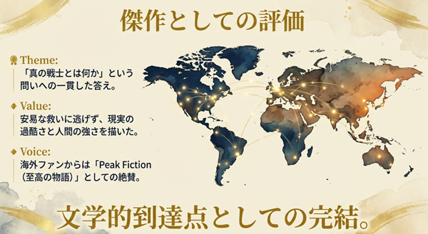 「真の戦士とは何か」という問いへの一貫した答えを描ききったことに対する評価。海外ファンから「Peak Fiction（至高の物語）」と絶賛される理由を解説したスライド。