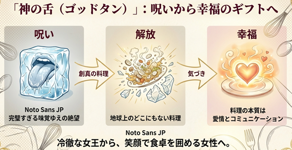 氷漬けの舌が料理によって解放されるイメージ図。創真の料理によって「神の舌」が人を不幸にする呪いから、愛情とコミュニケーションのためのギフトへと変わった経緯の解説。