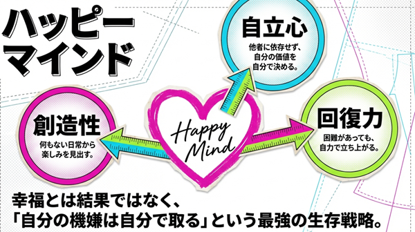 自立心、回復力、創造性によって「自分の機嫌は自分で取る」というハッピーマインドの定義をまとめたスライド。