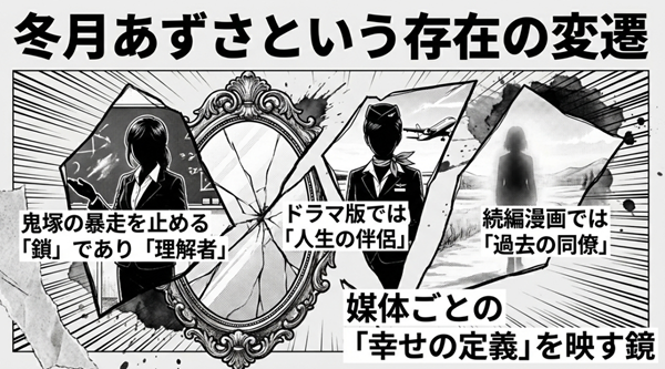 作品の媒体ごとに変化する冬月あずさの立ち位置(鎖、伴侶、過去の同僚)を通じて、GTOが描く幸せの定義の変化を考察したスライド。