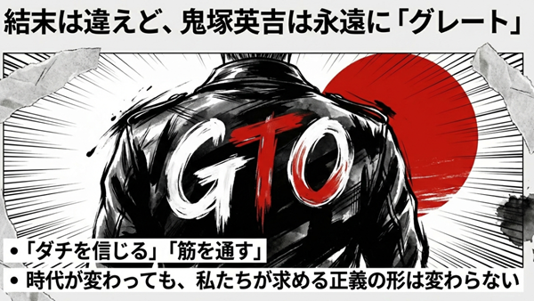 鬼塚英吉の背中と共に「ダチを信じる」「筋を通す」という、時代が変わっても揺るがない正義の形と普遍的な魅力を強調した力強いスライド。