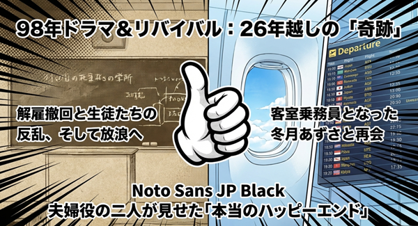 1998年版ドラマの解雇撤回から、26年後の『GTOリバイバル』でCAとなった冬月あずさと再会する「本当のハッピーエンド」を解説した図解スライド。