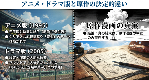 アニメ版が甲子園前に終了したことや、ドラマ版の演出改変、そして原作にのみ真の結末が存在することを解説した比較図。