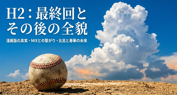 漫画『H2』の最終回とその後の展開、比呂と春華の未来、MIXとの繋がりなどを網羅した解説スライドの表紙。