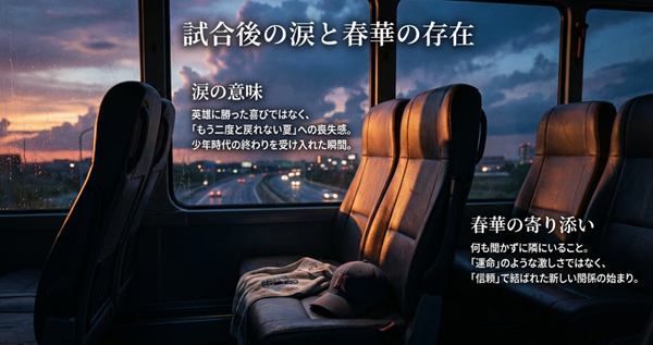 試合後の比呂の涙が喪失感の現れであることと、春華との信頼で結ばれた新しい関係の始まりを解説したスライド。