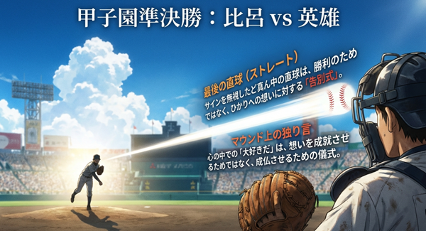 甲子園準決勝での最後の一球がひかりへの想いの「成仏」を意味する儀式であったことを解説するスライド。