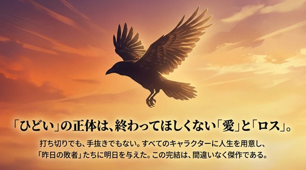 検索ワードの背景にあるファンの深い愛を肯定し、すべてのキャラに人生を用意したこの完結編は間違いなく傑作であることを、夕焼けを飛ぶカラスのイメージと共に伝えるスライド。