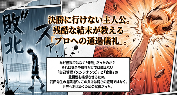 なぜ日向の退場が「怪我」ではなく「発熱」だったのか、気合や根性だけでは戦えない「自己管理」と「食事」の大切さを学ぶための試練であったことを解説する図解。