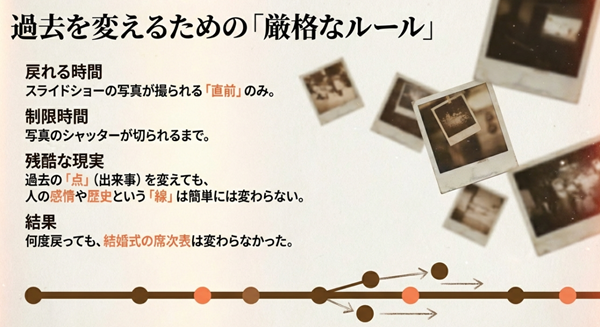 スライドショーの写真の直前に戻るタイムリープのルールと、過去を変えても簡単には変わらない現実の厳しさを説明した図。