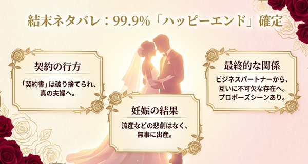 契約書が破り捨てられ真の夫婦になること、無事に出産すること、ビジネスパートナーから不可欠な存在へ変わるプロポーズシーンなど、ハッピーエンドの要素をまとめた解説図。