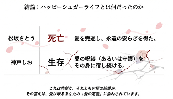 死亡して安らぎを得たさとうと、愛の呪縛を宿して生きるしお。これが悲劇か純愛か、受け手の「愛の定義」に委ねられるという結論スライド。