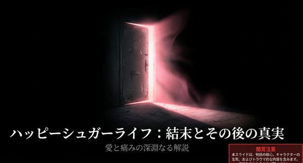 ハッピーシュガーライフの結末とその後の真実、愛と痛みの深淵を解説するスライドの表紙。物語の核心や生死に関わるため閲覧注意と記載されている。