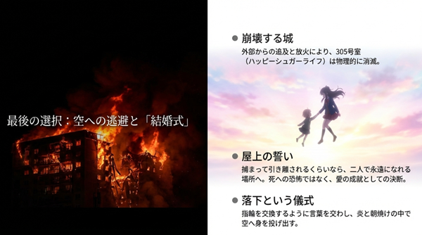 305号室の崩壊から逃避し、死への恐怖ではなく愛の成就として空へ身を投げ出す「結婚式」のような儀式を解説したスライド。