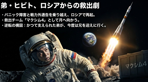 パニック障害を乗り越えロシアで再起したヒビトが、救出チーム「マクシム4」として月へ向かう経緯と、かつて支えられた弟が兄を救うという逆転の構図の説明