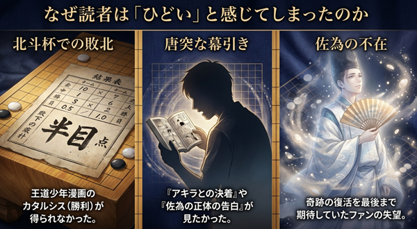 北斗杯における韓国戦の結果（半目差の敗北）と、アキラとの決着や佐為の告白を期待していたファンの失望を解説した図。