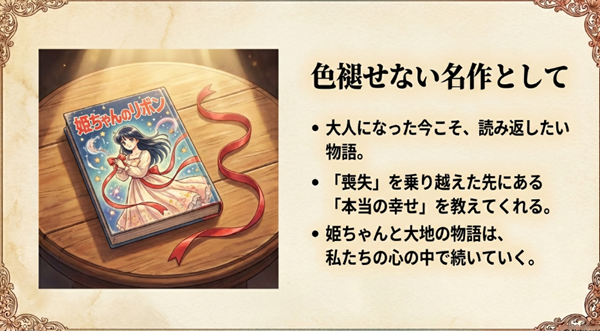 『姫ちゃんのリボン』の単行本表紙イメージ。大人になった今こそ読み返したい名作であり、喪失を乗り越えた先にある本当の幸せを教えてくれる物語であることをまとめたスライド。
