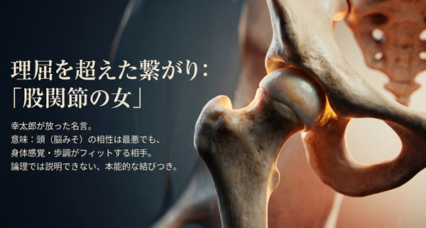 頭での相性は最悪でも身体感覚や歩調がフィットする相手を「股関節の女」と称した、論理では説明できない本能的な結びつきを解説したスライド。