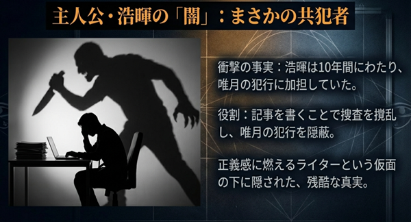 正義感に燃えるライター・浩暉が、実は10年間にわたり記事で捜査を撹乱し、唯月の犯行を隠蔽していたという衝撃の事実をまとめたスライド 。