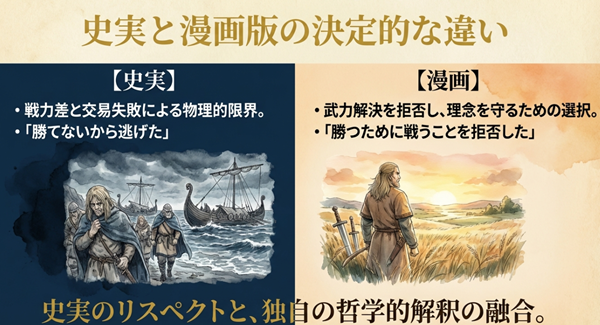 史実の「勝てないから逃げた」撤退と、漫画版の「理念を守るために戦いを拒否した」撤退を比較した図。史実へのリスペクトと独自の哲学的解釈が融合している点を解説。
