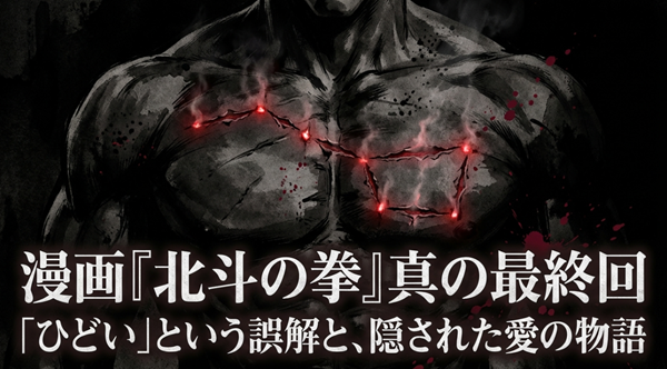 漫画『北斗の拳』の真の最終回と、そこに隠された愛の物語について解説するスライドの表紙。
