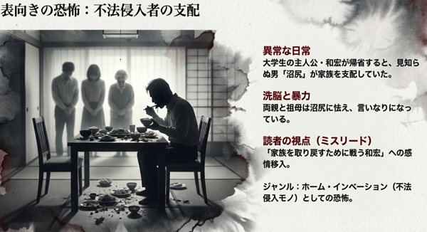 大学生の和宏が帰省した際に直面した、謎の男「沼尻」による家族支配と洗脳の構図。読者を「家族を取り戻す物語」と誤認させるミスリード構造の解説図。