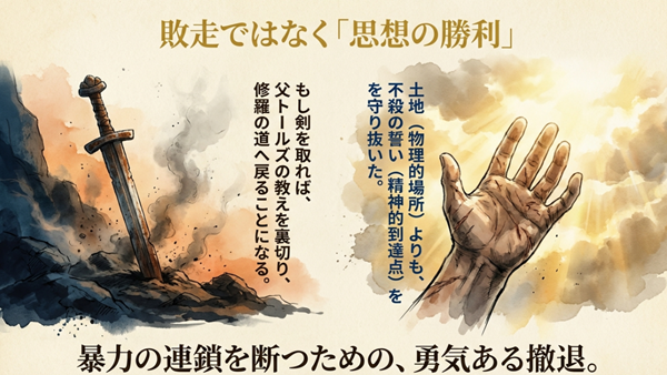 トルフィンが土地（物理的場所）よりも不殺の誓い（精神的到達点）を守り抜いたことを示す解説。剣を取れば修羅の道へ戻るため、撤退こそが暴力の連鎖を断つ勇気ある行動であったことを強調している。